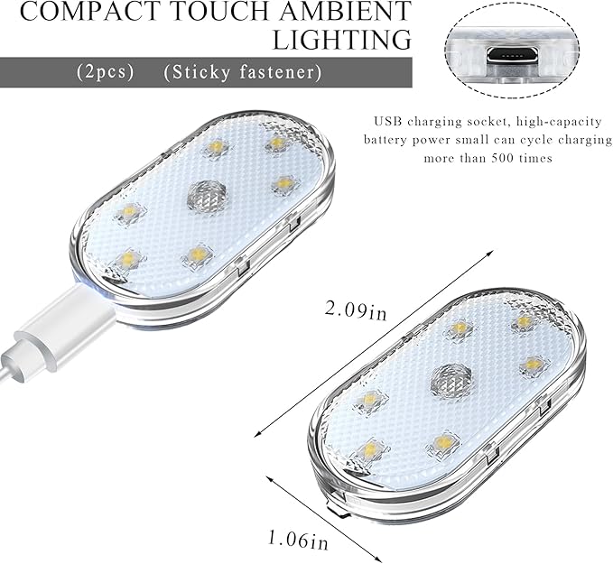 2 PCS Car LED Lights Interior Wireless, Sticky Car Ambient Lighting with 6 Bright LED Lamp Beads, Portable USB Rechargeable Vehicle Interior Led Night Light for Car (White)