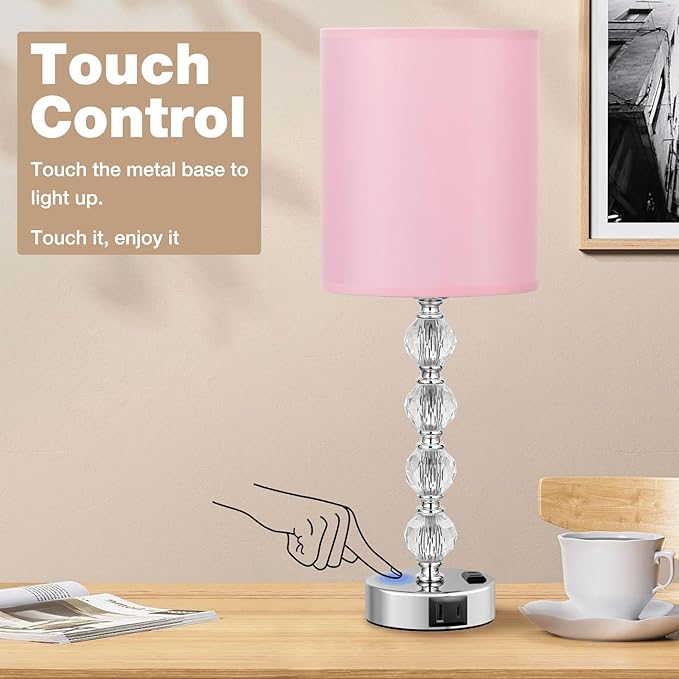 Acaxin Touch Bedside Crystal Lamps for Bedrooms Nightstand with USB C+A Charging Port and AC Outlet White, 3 Way Dimmable Silver Large End Side Table Lamp for Living/Guest/Dinning Room/Kitchen