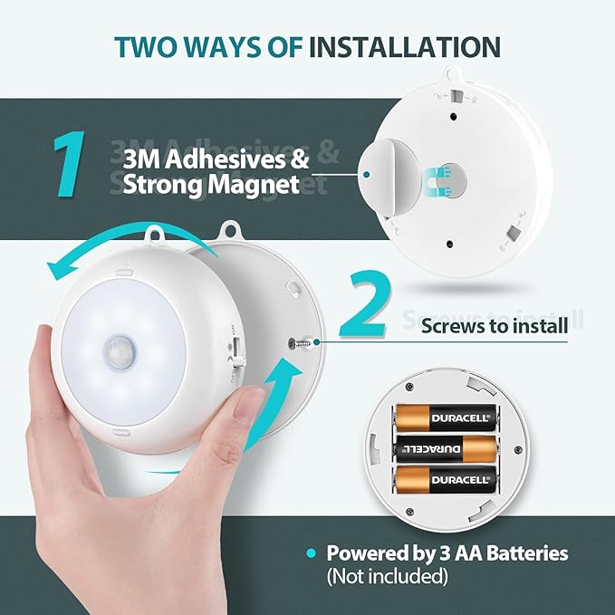 BLS Motion Sensor Light Indoor, LED Night Light Closet Lights, Under Cabinet Battery Powered Ceiling Lights, AA Battery Operated Stick on Wireless Puck Lights for Wall, Step, Stair, Dimmable (3 Pack)
