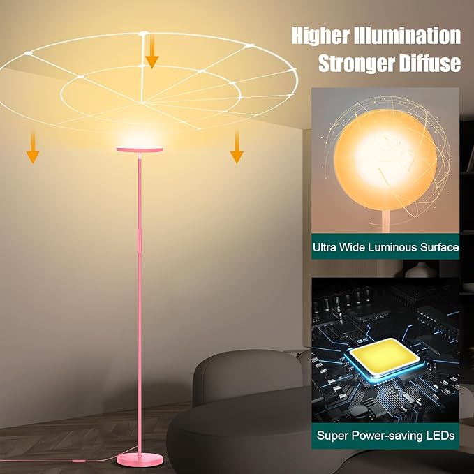 Floor Lamp, Upgraded 40W 4000LM Super Bright Torchiere LED Floor Lamps for Living Room, Stepless Dimmable Color Temperature 2700K-6500K with Remote & Touch Control, Standing Light (40W Pink)