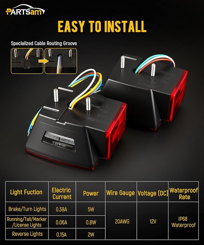 Partsam 12V Submersible Square Led Trailer Lights, Red White LED Stop Turn Tail Reverse Backup License Side Marker Running Light Lamp for Trailers Under 80", Truck, IP68, Red Clear Lens