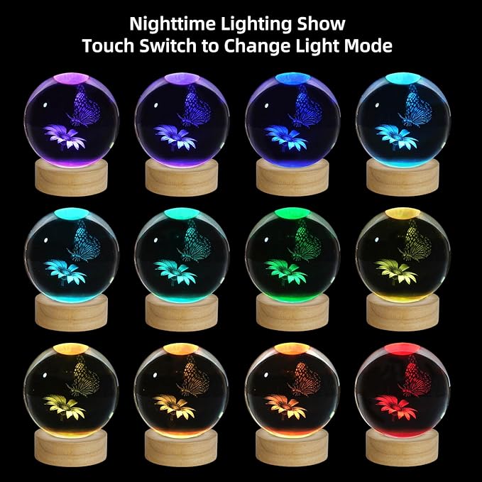 3D Butterfly Crystal Ball Night Light, Upgraded 3.15 Inch Glass Ball Lamp with 16 Color LED Wooden Base, Butterfly Lamp Bedroom Decor Birthday Christmas Butterfly Gifts for Kids Friends