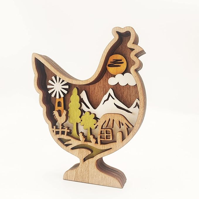 Drawelry 3D Wooden Animals Carving Home Decorative - Creative Wood Carved Lamp Farmhouse Wooden Animals Sculpture Ornaments Easter Birthday Gifts for Family Friend Son Dad (Chicken, Without Light)