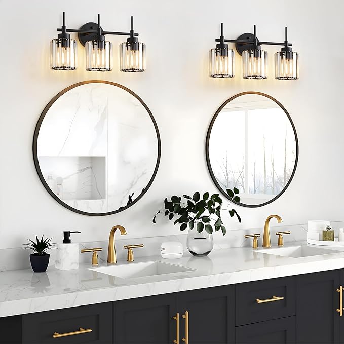 3 Light Crystal Vanity Light, Bathroom Lighting Fixtures Over Mirror Black Crystal Wall Light Bath Wall Lighting Modern Bath Wall Sconce Lighting for Bedroom Living Room