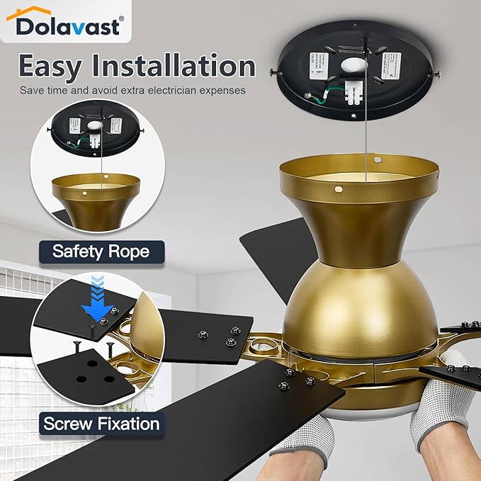Ceiling Fans with Lights and Remote, 52 Inch Ceiling Fan with Light, Low Profile Reversible Gold Fandelier Ceiling Fan, Dimmable LED, Flush Mount, Quiet DC Motor, for Bedroom Kitchen
