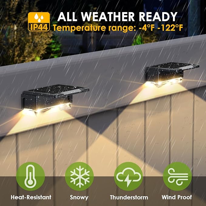2PK Solar Fence Lights Outdoor - 3000/4000/6000K 3 Mode, IP65 Waterproof Fence Lights Solar Powered, Dusk to Dawn Solar Light for Outside, Backyard/Step/Patio/Deck/Stair Railings and Wall