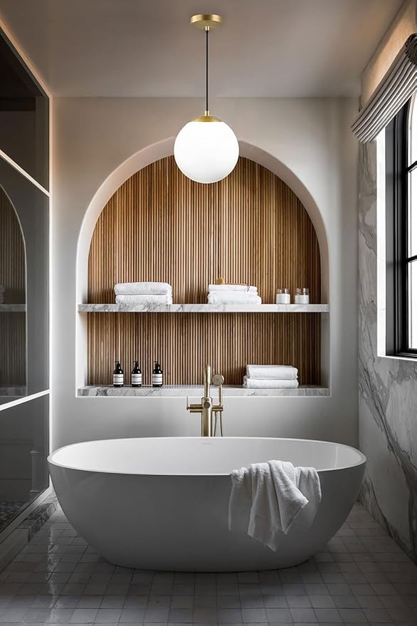 KoKo&Yukina 8 Inch Gold Modern Globe Pendant Light White Glass with Brass Finish Contemporary Mid Century Adjustable Hanging Light Fixture for Living Room Bedroom Bathroom Kitchen (Bulb Incl.)