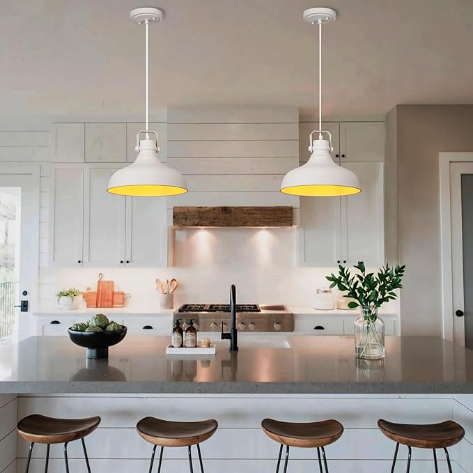 White Farmhouse Pendant Lights Matte Pendant Lighting for Kitchen Island Industrial Adjustable Height Vintage Dome Hanging Light Fixtures for Barn, Dining Room 3 Packs