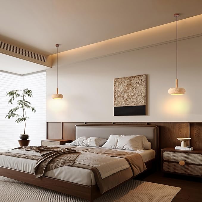 Wabi Sabi Pendant Light Natural Stone Shade Nordic Wood Chandelier,Yellow Travertine Cave Lamp, Japanese Style Lights 15W,Natural Stone Lights for Dining Room Bedside Kitchen Island Hallway