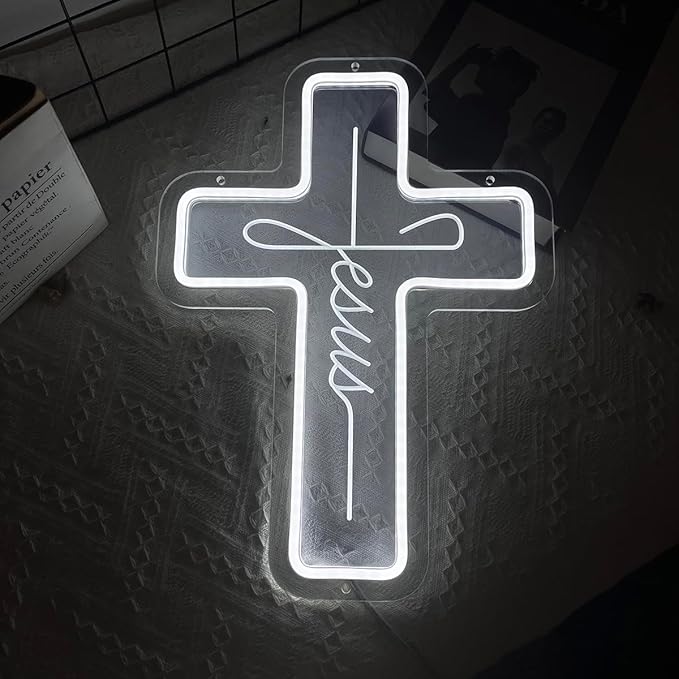 Jesus Cross Neon Sign Dimmable Led Neon Light Cross Art Decor Neon Cross Sign for Wall Decor, Bedroom, Christian Decor, Religious Room, Kid Room, Easter, Christening Day Decor