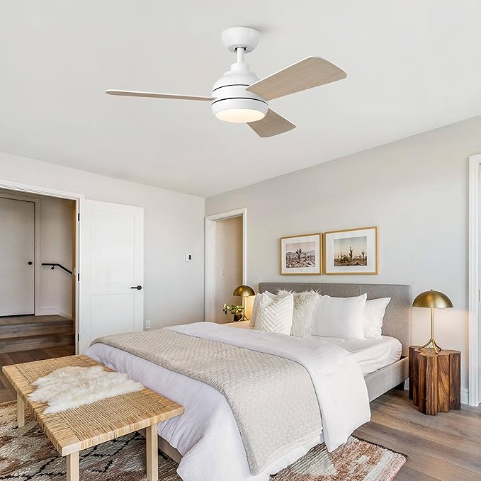 42 Inch Ceiling Fans with Lights and Remote, Modern White Ceiling Fan with Light, DC Reversible, 6 Speeds, 3CCT, Dimmable, 3 blades, Bedroom, Indoor/Outdoor Patios Use