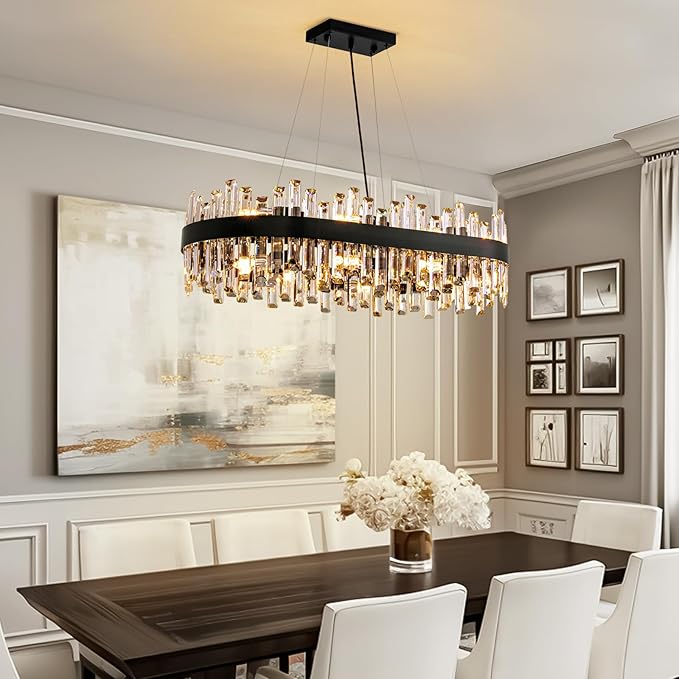 Siljoy Modern Crystal Chandelier Luxury Black 2-Tiers Raindrop Chandelier Adjustable Oval K9 Crystal Ceiling Light Fixture for Dining Room Kitchen Island Bar L35.4'' x W15.7'' x H9.8'', E12 x 16