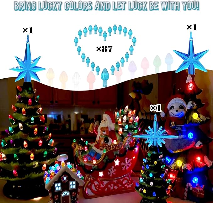 Ceramic Christmas Tree Replacement Lights Bulbs, Aqua Blue Medium Twist Plastics Pegs Ornaments for Ceramic Tree(87 Bulbs＆ 3 Topper Star)