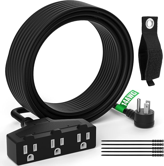 Outdoor Extension Cord 2 Ft with 3 Outlets, 14/3 SJTW 3 Prong Grounded Power Cord, 14 Gauge 14AWG Heavy Duty Power Cable, ETL Listed, 15 Amp 125 V 1875 W-Multiple Outlets for Indoor/Outdoor-Black