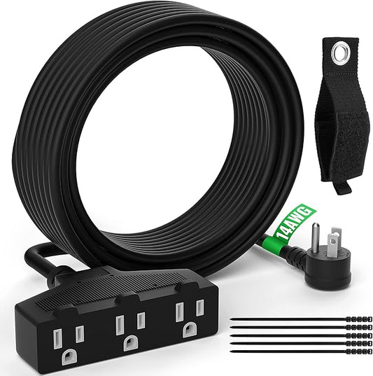 Outdoor Extension Cord 2 Ft with 3 Outlets, 14/3 SJTW 3 Prong Grounded Power Cord, 14 Gauge 14AWG Heavy Duty Power Cable, ETL Listed, 15 Amp 125 V 1875 W-Multiple Outlets for Indoor/Outdoor-Black