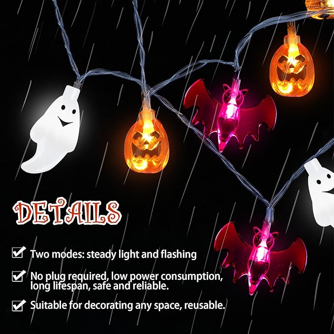 Retisee 20 ft Halloween Lights Decorations 3D Pumpkin Bat Ghost Battery Operated String Lights Halloween Fairy Light for Home Window Indoor Outdoor Party Porch Decor