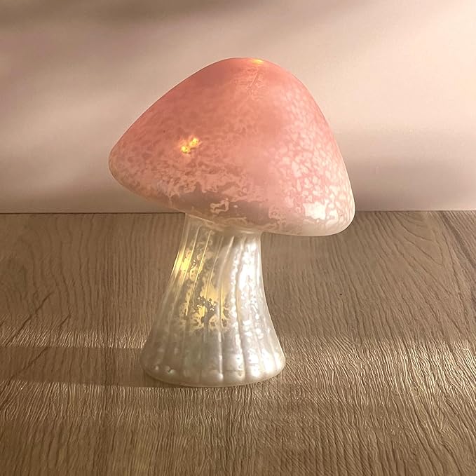 Glass Mushroom Lamp Cute Lamps for Bedrooms Battery Operated Mushroom Night Light Funky Lamp Ideal for Indoor & Outdoor Garden Decor (Pink, Set 1)