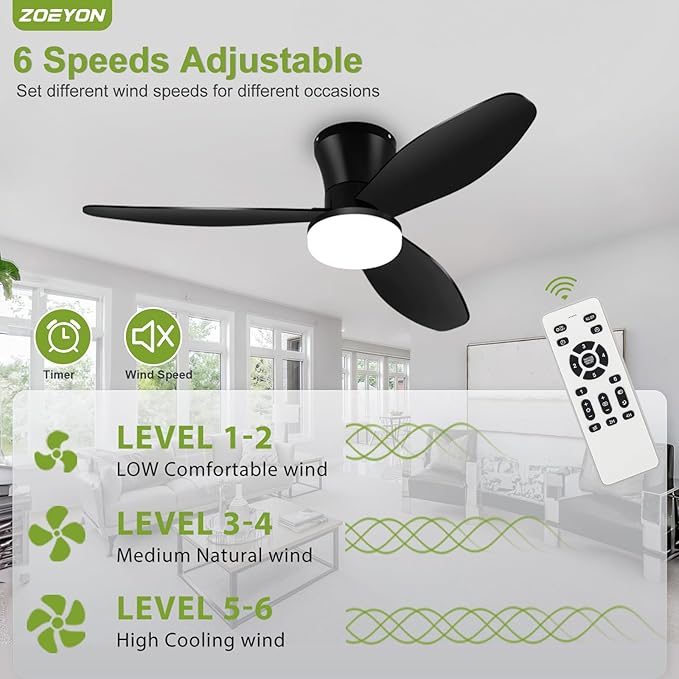 Small Ceiling Fan with Light - 42 Inch Flush Mount Ceiling Fan with Lights and Remote, Low Profile Ceiling Fans with 3 Reversible Blades, 6 Wind Speeds, Black Ceiling Fans for Bedroom