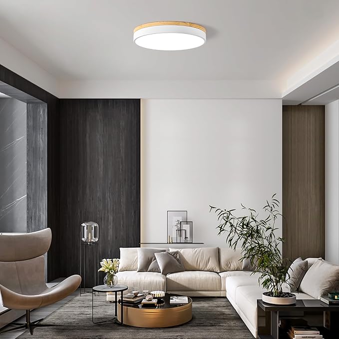 Dimmable Wood LED Ceiling Light, 5CCT 2700K-6000K, 15.74in Modern White Minimalist Flush Mount Lamp for Bedroom, Living Room, Kitchen