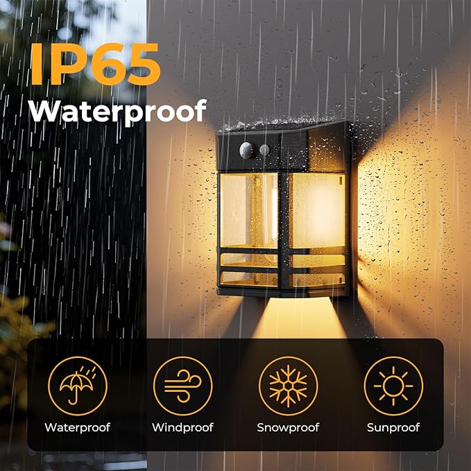 btfarm 2 Pack Solar Wall Lights Outdoor,3 Modes Motion Sensor Lights Dusk to Dawn, IP65 Waterproof Porch Light Solar Powered, 1200mAh Wireless Wall Mount Sconces for Outside Patio, Garage, Yard