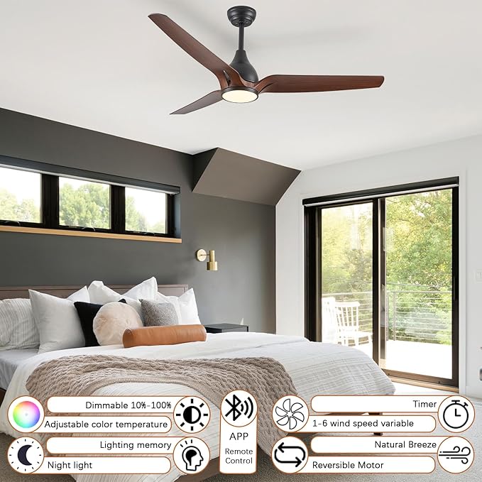 Ceiling Fans with Lights,52 inch Modern Ceiling fan with App and Remote Control,Reversible DC motor ceiling fans,3CCT,Dimmable,Noiseless,Ceiling Fan for Bedroom,Farmhouse,Indoor/Outdoor Use