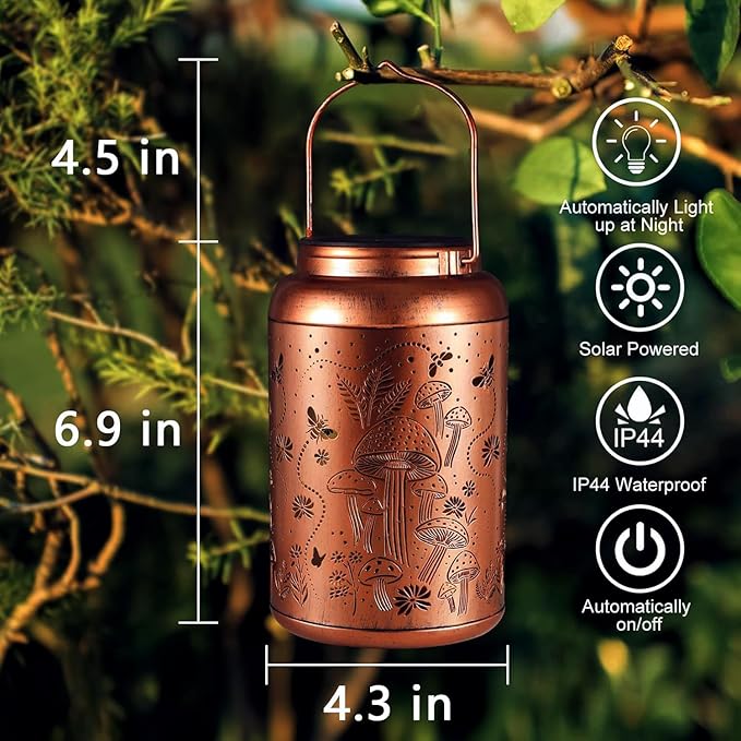 Outdoor Waterproof Solar Lights Mushroom Shaped Suitable for Mother's Day, Thanksgiving, and Christmas Gifts. Hang Metal LED Lanterns in Courtyards, Terraces, and Garden Decorations for