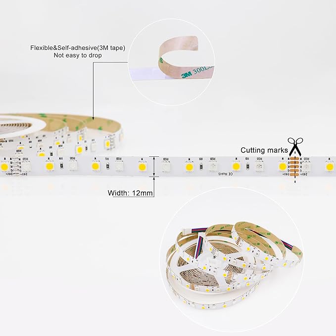 RGBW LED Strip Lights RGB+Warm White(2800K-3200K) 360LEDs SMD 5050 DC 24V Multi-Colored LED Tape Lights Flexible LED Rope Lighting 16.4Ft Non-Waterproof for Bedroom Kitchen Decoration