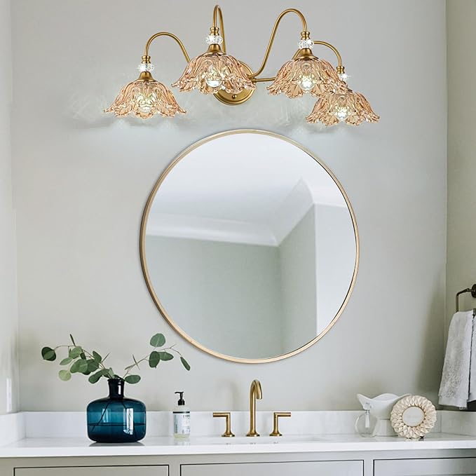 Vintage Bathroom Vanity Light, 4-Light Matte Brass Finish Vanity Light with Floral Amber Glass Shades, Retro Wall Mount Lighting for Bathroom, Dressing Table