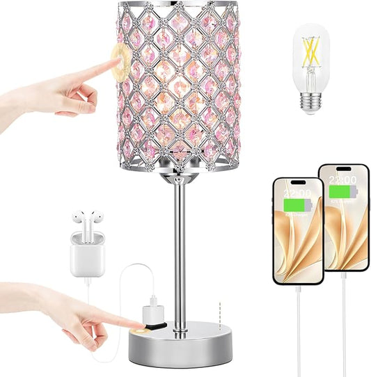 Hong-in Pink Lamps for Night Stands-Crystal Table Lamp with USB-C+A & AC Charging Ports, 3-Way Dimmable Nightstand Touch Lamp, Bedside Desk lamp for Bedroom Living Room Home Office