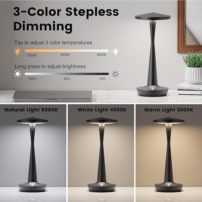 SAKRINGT Rechargeable Cordless Table Lamp, 72Hrs Battery Operated LED Table Light, Portable Touch Dimmable Lamp for Restaurant Patio Dining Outdoor Camping