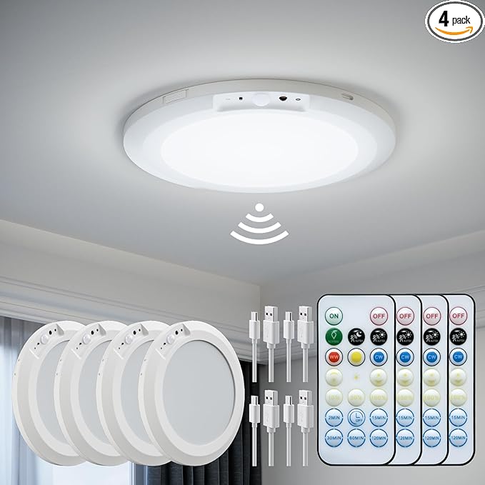 JACKYLED 4 Pack New Upgraded Rechargeable Motion Sensor Ceiling Light with Remote Control,10000mAh Battery Operated Closet Light,Magnetic LED Shower Lights,Ceiling Lamp for Pantry Shed Hallway Porch