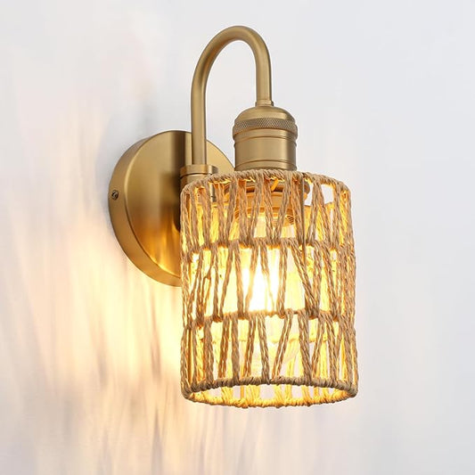 1-Light Vintage Gooseneck Sconce Wall Lighting with Rattan Shade, Boho Wall Sconce Hardwired Wall Lamp Fixture for Bedroom Bedside Hallway Living Room