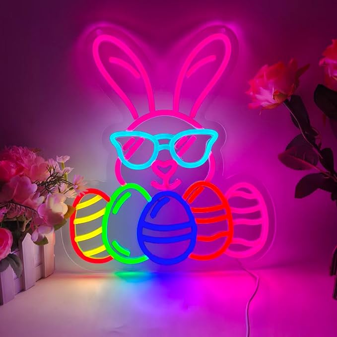 Easter Bunny Neon Signs for Wall Decor, LED Rabbit Egg Neon Light Signs, Gifts for Church, Kids Room Wall Decor Easter Decorations