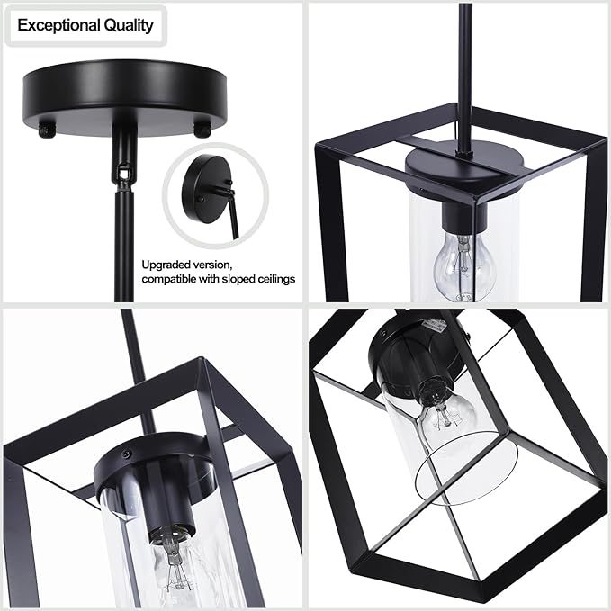 COTULIN 3 Pack Black Pendant Lights for Kitchen Island, Farmhouse 1-Light Iron Cage Metal Hanging Light with Clear Glass Shade, Industrial Lighting Fixtures for Living Room Bedroom Hallway Foyer