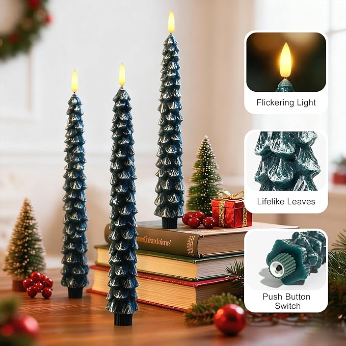 Christmas Decorations Indoor, Christmas Decor - Christmas Tree Taper Flameless Candles Battery Operated with Remote Timer, Xmas Candlesticks Home Table Mantel Room Decor, Wax, Set of 2(Green&White)