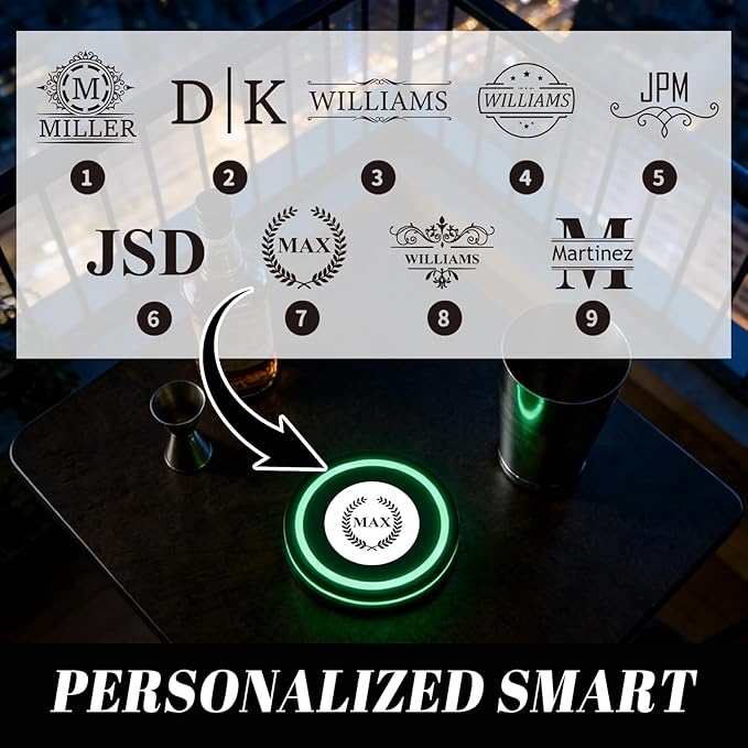 Personalized Smart Coaster with App, Custom Name Smart Coaster, Portable Smart Coaster with Interactive Lighting, Bar Accessories for Bars, Clubs & Home, Gifts for Bartender, Drinking Lover