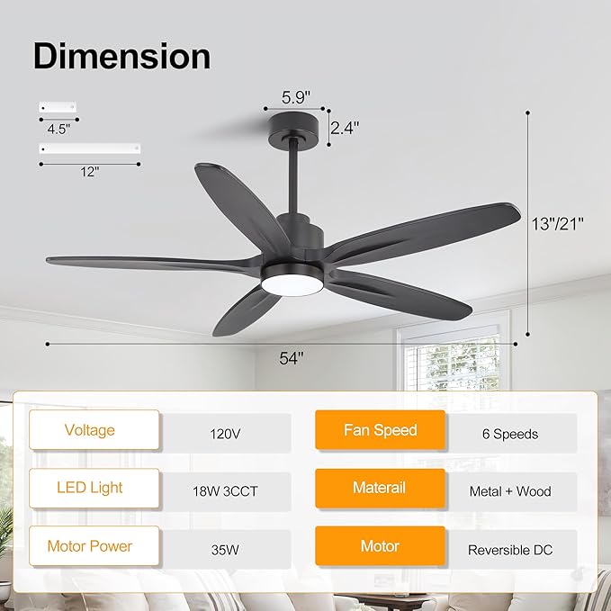 WINGBO 54" Ceiling Fan with Light - 5 Carved Solid Wood Blades, 6-Speed Reversible DC Motor, Dimmable, 3CCT, Noiseless Remote Control Ceiling Fans with Lights for Bedroom Living Room, Matte Black