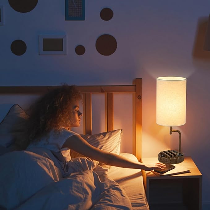 Dreamholder Table Lamp with 3 USB Charging Ports, Modern Desk Lamp with AC Outlet and Phone Stands, Perfect Bedside Lamp for Bedroom, Living Room, Office (Pack of 2), Walnut