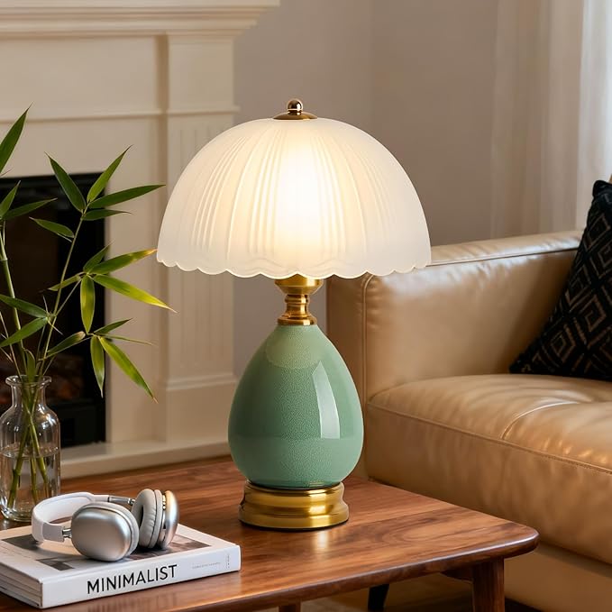 Ceramic Table lamp Set of 2, Modern Bedside Lamps Green Mid Century Vintage Desk Lamp Retro Glass Mushroom Traditional Lamp for Nightstand Living Room Bedroom Home Decor (S04GN-2PACK)