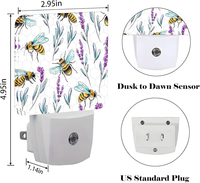 Bees and Lavender Flowers Night Light,Plug-in Night Lights with Dusk-to-Dawn Sensor for Stairway,Hallway,Bedroom Sleep Friendly Ideal for Women/Girls/Boys Gift,0.5w