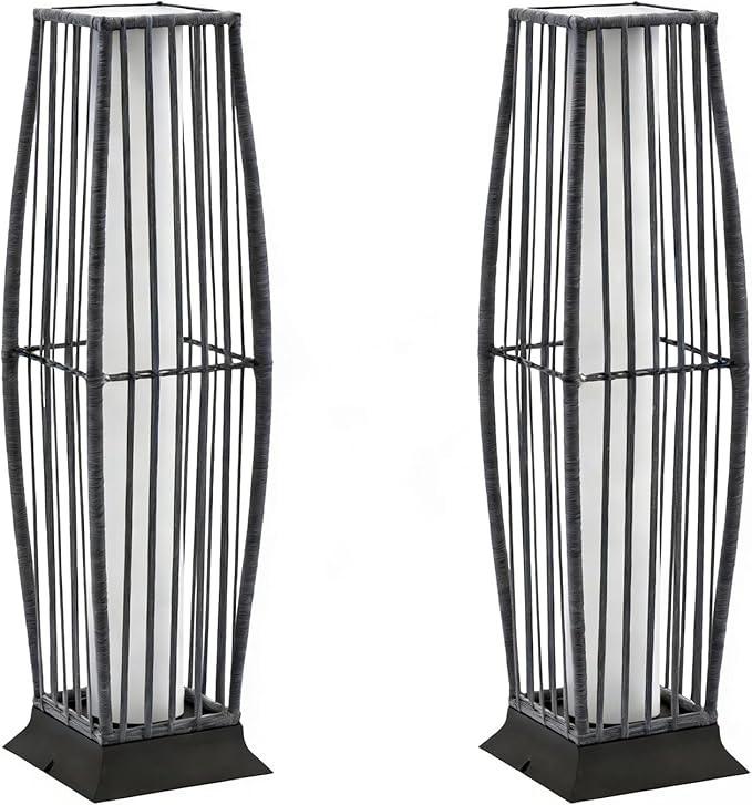 Rattan Outdoor Floor Lamp Set of 2, Boho Solar Porch Lights Outdoor Waterproof for Patio, Garden, Balcony & Deck, Gray (Vertical)