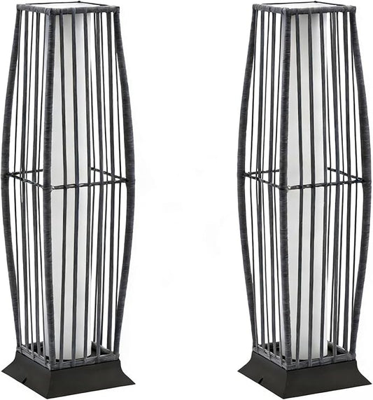 Rattan Outdoor Floor Lamp Set of 2, Boho Solar Porch Lights Outdoor Waterproof for Patio, Garden, Balcony & Deck, Gray (Vertical)