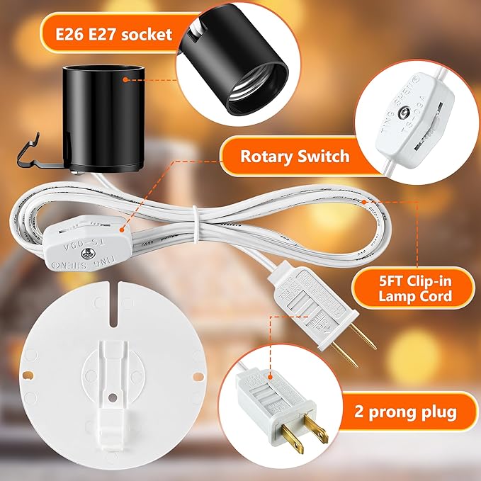 Meonum 4 Set Blow Mold Light Kit Replacement, E27 E26 Single Light Cord Kit with Switch Fuse Plug, for Indoor Outdoor Halloween Christmas Village House Craft Decorations and Salt Lamp