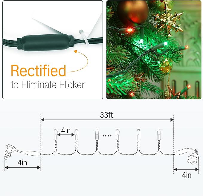Brizled Red & Green Christmas Lights, 33ft 100 LED 5MM Christmas String Lights, Wide Angle Mini Christmas Lights Connectable, UL Listed Tree Light for Indoor Outdoor Xmas Room Party Decor, Green Wire
