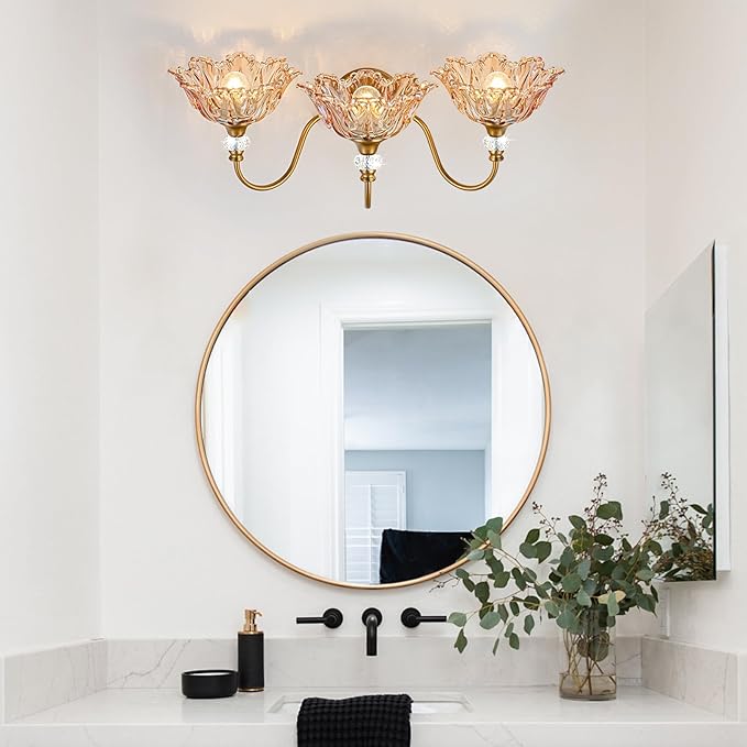 Vintage 3-Light Bathroom Vanity Light | Matte Brass & Flower Amber Glass Wall Sconce