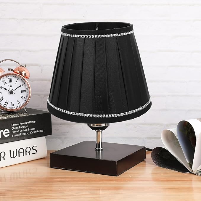 Pleated Table Lamp Shade Black Fabric with Rhinestones Soft Light Cover for Bedroom Living Desk and Floor Lamps Easy to Install Decorative Shade for Cozy Eye Protection