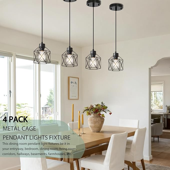 4-Pack Hanging Pendant Light Fixtures, Farmhouse Kitchen Island Light Fixture, Industrial Hanging Pendant Lighting for Dining Room Bedroom Hallway, Black Metal Cage Pendant Lamp, E26 Base