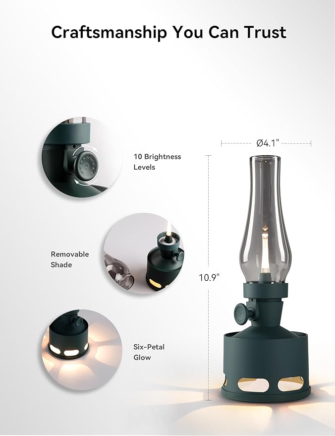 Tubicen Cordless Rechargeable Table Lamp, Vintage Battery Operated Oil Lamp Lantern, Smart Blow/Tilt Off, 10-Level Rotary Touch Dimmable Flameless Kerosene Desk Night Light for Home Bedroom Decor