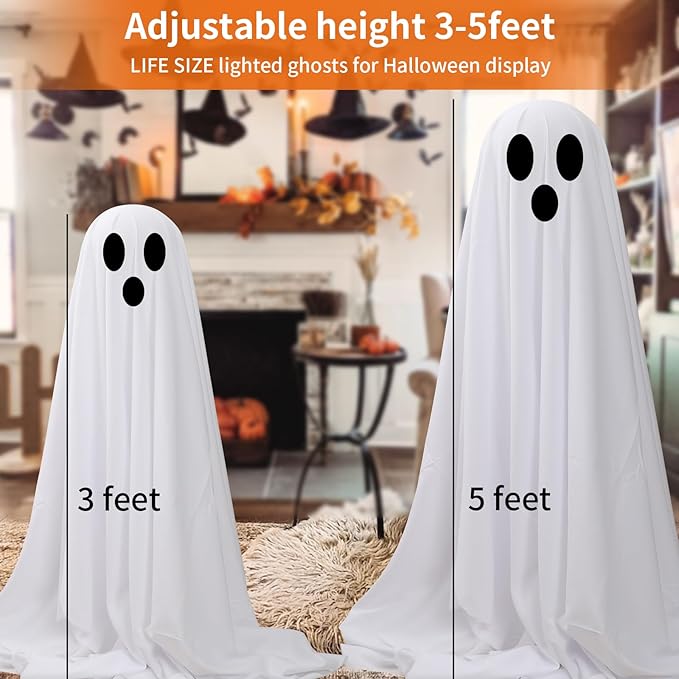 Halloween Decorations Outdoor -DIY 2PCS Large Lighted White Cloth Ghosts-Cute Ghosts with 30 LED String Lights-Light Up Holiday Party Home Porch Yard Decorations