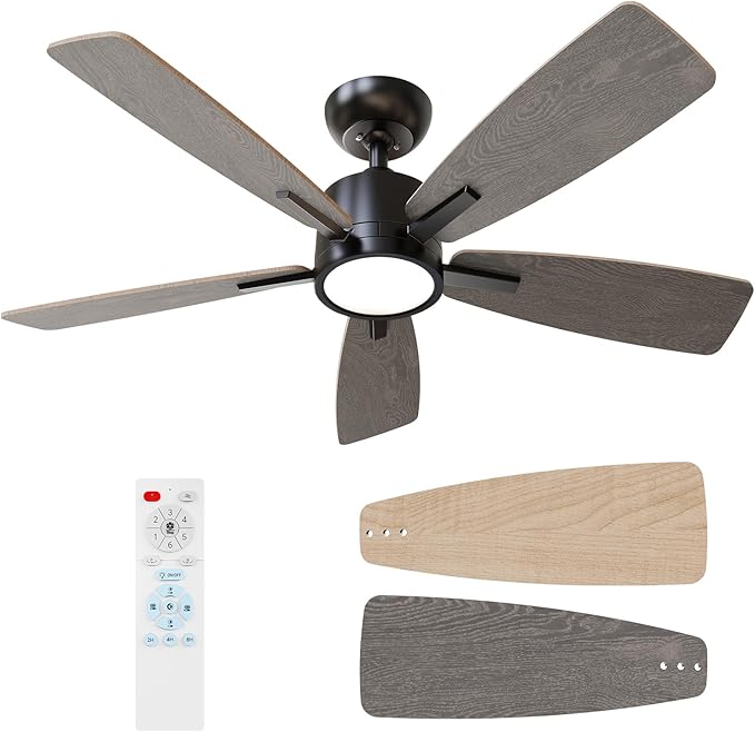 TALOYA 42 Inch Ceiling Fans with Lights Led Remote Control Low Profile Flush Mount for Bedroom Home Outdoor Patio Living Room,3 Color Temperatures,Dimmable,DC Motor,Reversible,5 Blades,Black Walnut